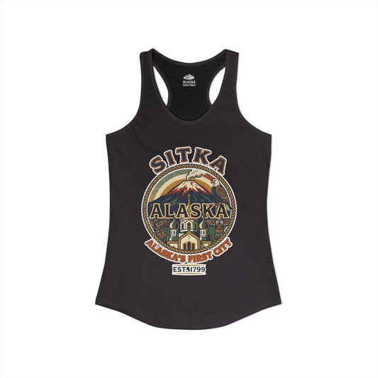 Sitka Alaska Vintage Heritage Tee with Iconic Local Landmarks Art — Ladies Tank