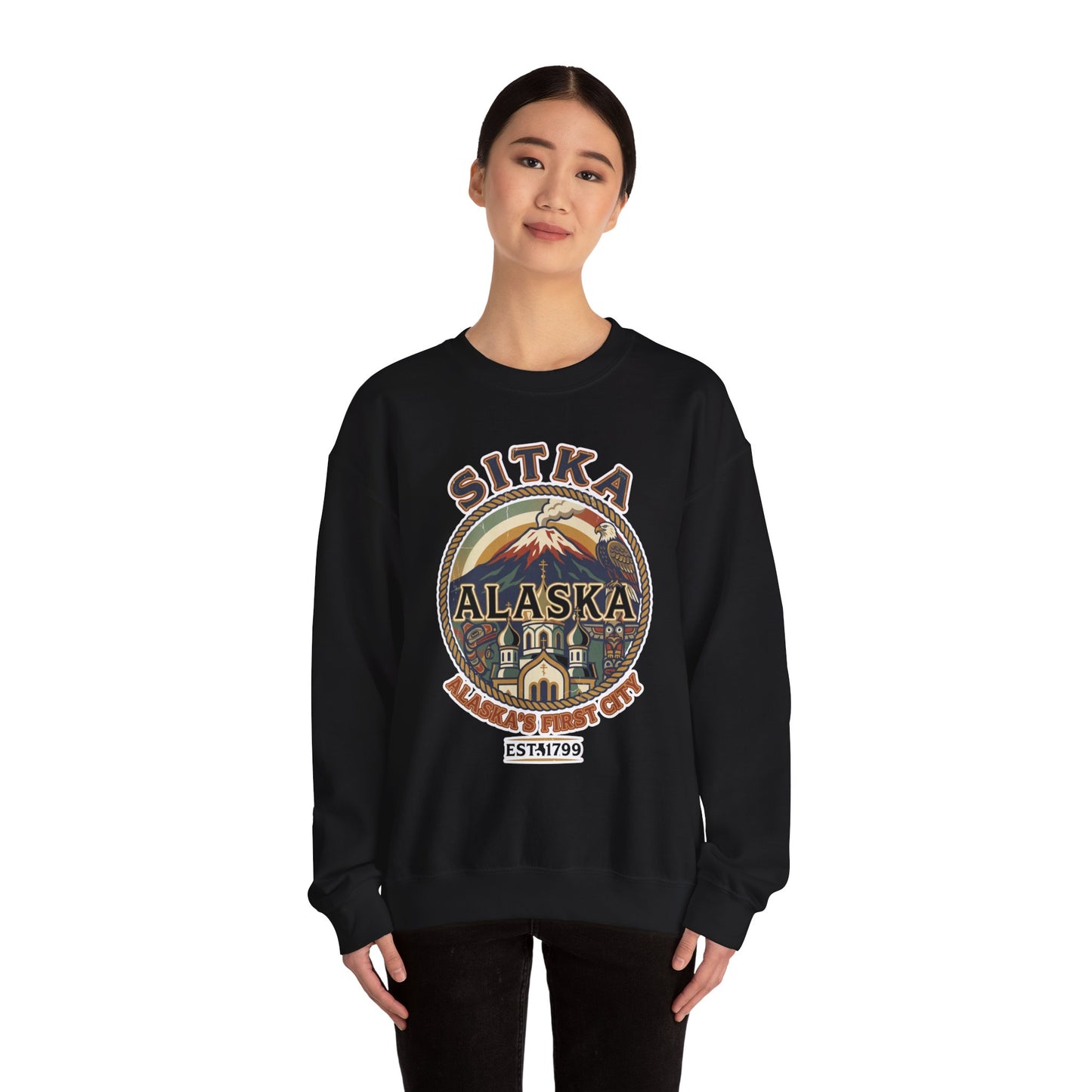 Sitka Alaska Vintage Heritage Tee with Iconic Local Landmarks Art — Sweatshirt