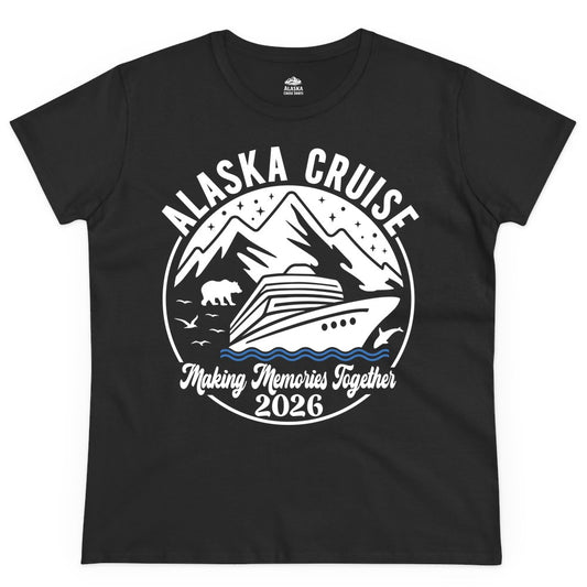 Alaska Cruise Shirt - Family Adventure 2026 Souvenir Apparel (Ladies Tee) in Black - Alaska Cruise Adventure 2026 Shirt - Mountains Wildlife and Ship Retro