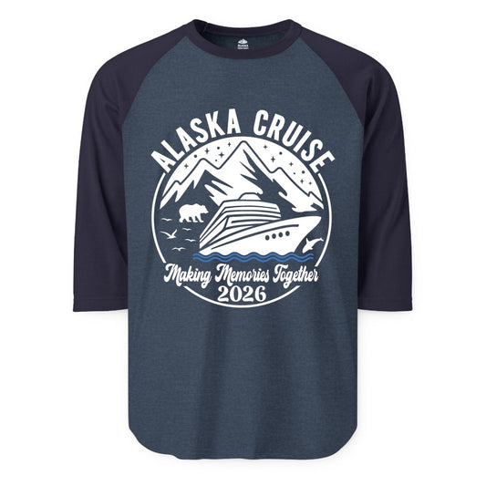 Alaska Cruise Shirt - Family Adventure 2026 Souvenir Apparel (Raglan) in Heather DenimNavy - Alaska Cruise Adventure 2026 Shirt - Mountains Wildlife and Ship Retro