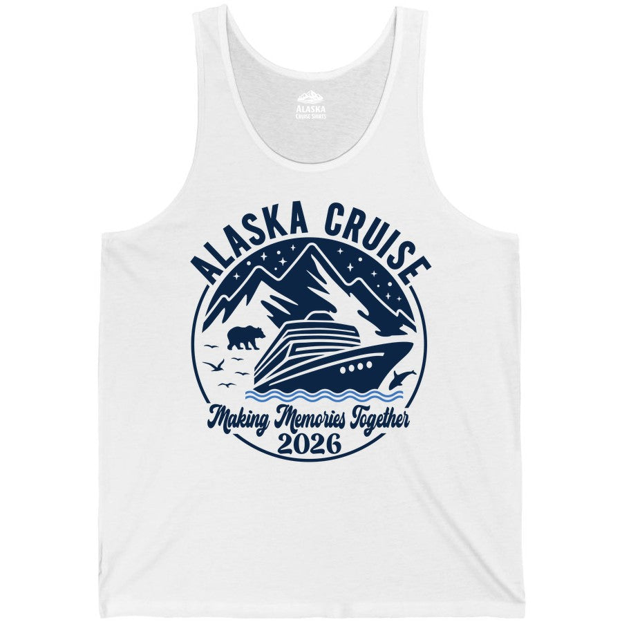 Alaska Cruise Shirt - Family Adventure 2026 Souvenir Apparel (Tank Top) in White - Alaska Cruise Adventure 2026 Shirt - Mountains Wildlife and Ship Retro