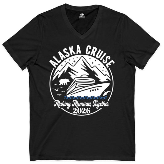 Alaska Cruise Shirt - Family Adventure 2026 Souvenir Apparel (V-Neck) in Black - Alaska Cruise Adventure 2026 Shirt - Mountains Wildlife and Ship Retro