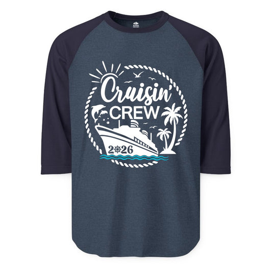 Cruisin Crew Shirt for Cruise Groups - Tropical Family Vacation 2026 (Raglan) in Heather DenimNavy - Cruisin Crew Shirt Tropical Family Group Cruise 2026 Caribbean Islands
