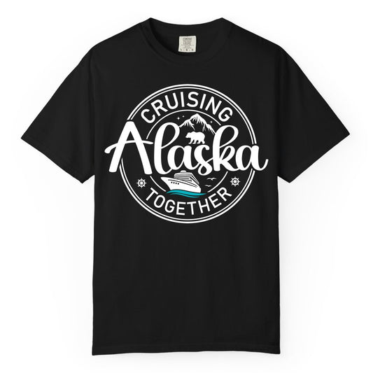 Alaska Cruise Shirt - Retro Family Vacation Apparel for Groups (Comfort Color) in Black - Alaska Cruise Adventure Retro Badge Shirt - Mountains Bear Ship Family