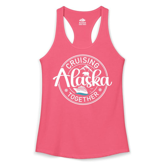 Alaska Cruise Shirt - Retro Family Vacation Apparel for Groups (Ladies Tank) in Hot Pink - Alaska Cruise Adventure Retro Badge Shirt - Mountains Bear Ship Family