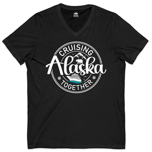 Alaska Cruise Shirt - Retro Family Vacation Apparel for Groups (V-Neck) in Black - Alaska Cruise Adventure Retro Badge Shirt - Mountains Bear Ship Family
