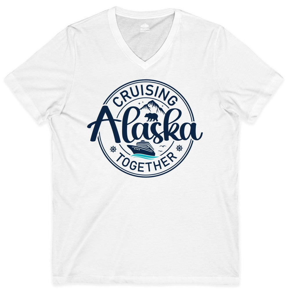 Alaska Cruise Shirt - Retro Family Vacation Apparel for Groups (V-Neck) in White - Alaska Cruise Adventure Retro Badge Shirt - Mountains Bear Ship Family