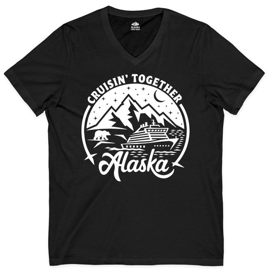 Alaska Cruise Shirt - Adventure Retro Apparel for Group Trips (V-Neck) in Black - Alaska Cruise Adventure Shirt - Mountains Bear Ship Retro Travel Tee