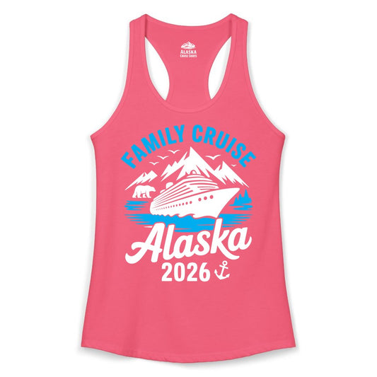 Alaska Family Cruise Shirt - 2026 Cruise Vacation Apparel USA (Ladies Tank) in Hot Pink - Alaska Family Cruise Shirt 2026 Mountains Wildlife Adventure Tee