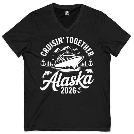 Alaska Cruise Shirt - Family Cruise Apparel for Alaska 2026 Trips (V-Neck) in Black - Alaska Cruise Adventure Shirt - Wildlife Mountains Nautical 2026