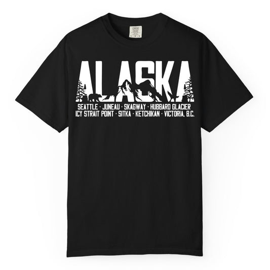 Alaska Cruise Shirt - Wildlife Travel Souvenir Apparel for Vacations (Comfort Color) in Black - Alaska Cruise Silhouette Wildlife Destinations Shirt Seattle Juneau