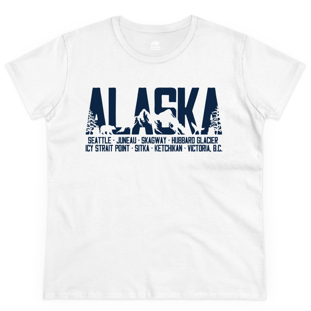 Alaska Cruise Shirt - Wildlife Travel Souvenir Apparel for Vacations (Ladies Tee) in White - Alaska Cruise Silhouette Wildlife Destinations Shirt Seattle Juneau