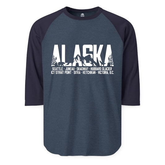 Alaska Cruise Shirt - Wildlife Travel Souvenir Apparel for Vacations (Raglan) in Heather DenimNavy - Alaska Cruise Silhouette Wildlife Destinations Shirt Seattle Juneau