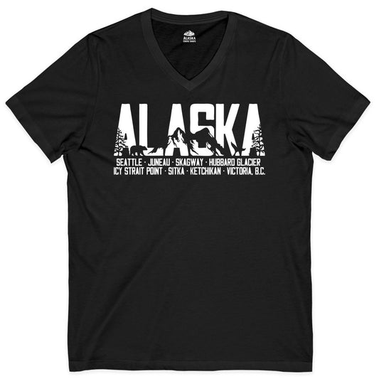 Alaska Cruise Shirt - Wildlife Travel Souvenir Apparel for Vacations (V-Neck) in Black - Alaska Cruise Silhouette Wildlife Destinations Shirt Seattle Juneau