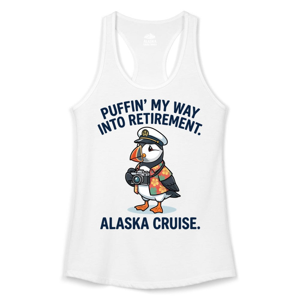 Retirement Alaska Cruise Shirt - Funny Puffin Graphic Tee Gift (Ladies Tank) in White - Puffin Cartoon Retirement Alaska Cruise Shirt - Funny Captain Tee