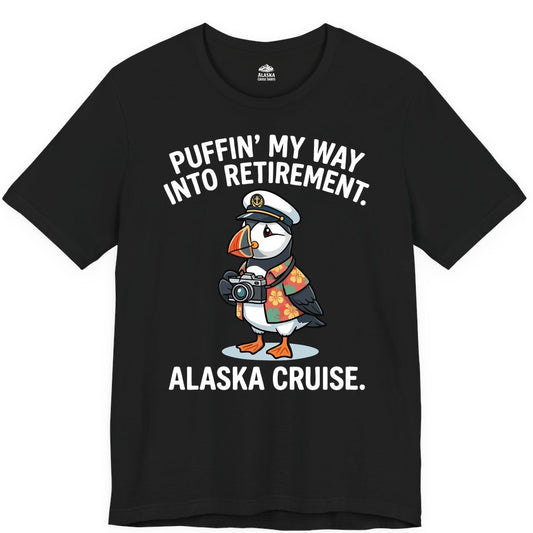 Retirement Alaska Cruise Shirt - Funny Puffin Graphic Tee Gift (Premium Tee) in Black - Puffin Cartoon Retirement Alaska Cruise Shirt - Funny Captain Tee