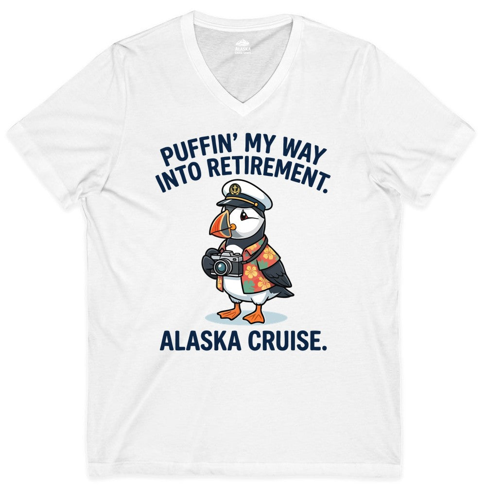 Retirement Alaska Cruise Shirt - Funny Puffin Graphic Tee Gift (V-Neck) in White - Puffin Cartoon Retirement Alaska Cruise Shirt - Funny Captain Tee