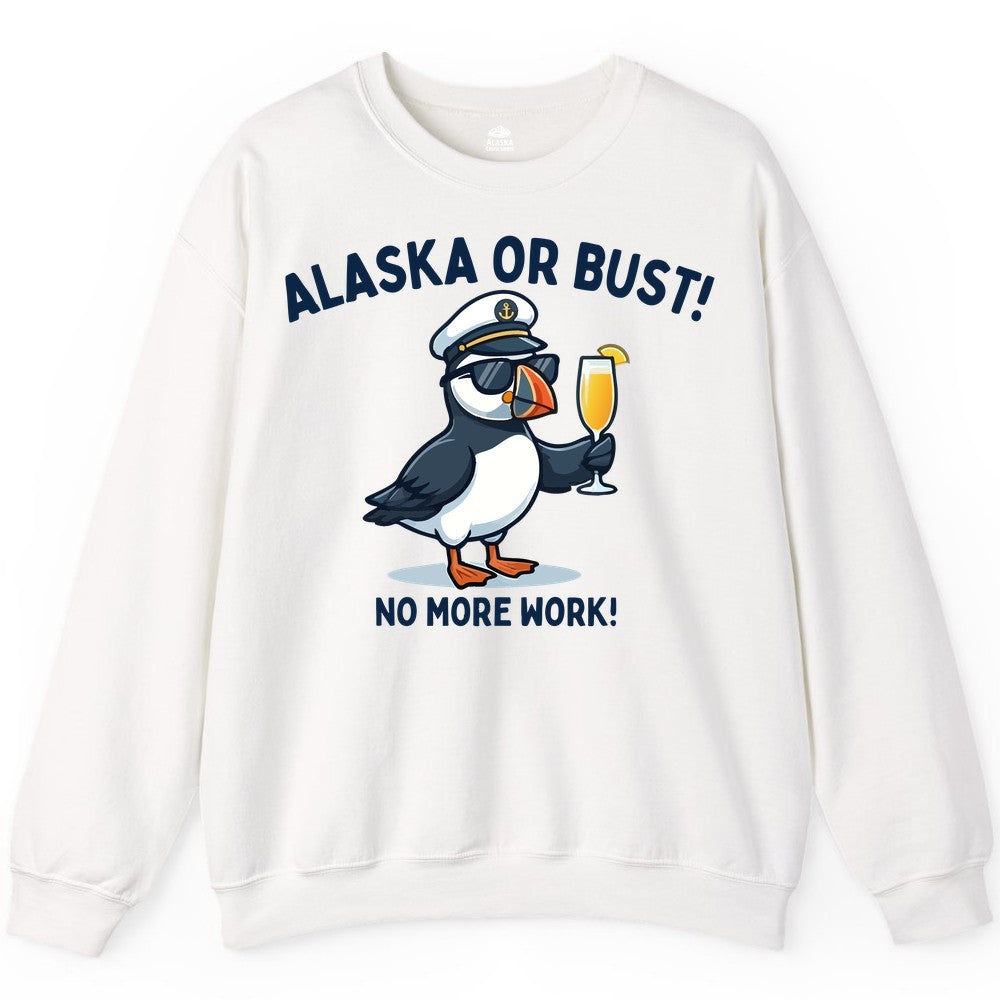 Alaska Cruise Shirt - Funny Puffin Captain Bird Vacation Tee (Sweatshirt) in White - Funny Puffin Captain Alaska Cruise Shirt - No More Work Cartoon Tee