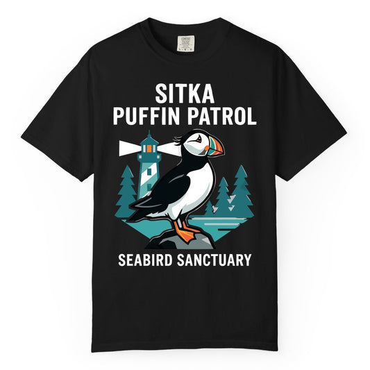 Sitka Puffin Shirt - Bird Sanctuary Tee for Alaska Wildlife Lovers (Comfort Color) in Black - Sitka Puffin Bird Sanctuary Shirt - Lighthouse and Forest Alaska Tee