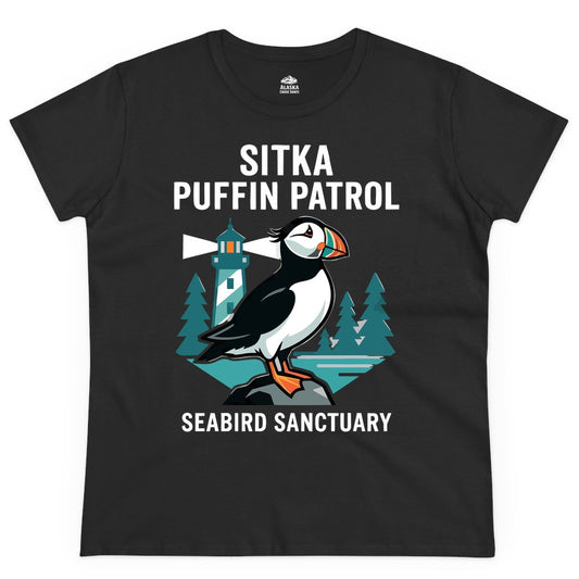 Sitka Puffin Shirt - Bird Sanctuary Tee for Alaska Wildlife Lovers (Ladies Tee) in Black - Sitka Puffin Bird Sanctuary Shirt - Lighthouse and Forest Alaska Tee