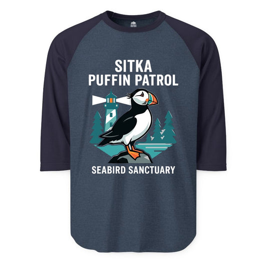 Sitka Puffin Shirt - Bird Sanctuary Tee for Alaska Wildlife Lovers (Raglan) in Heather DenimNavy - Sitka Puffin Bird Sanctuary Shirt - Lighthouse and Forest Alaska Tee