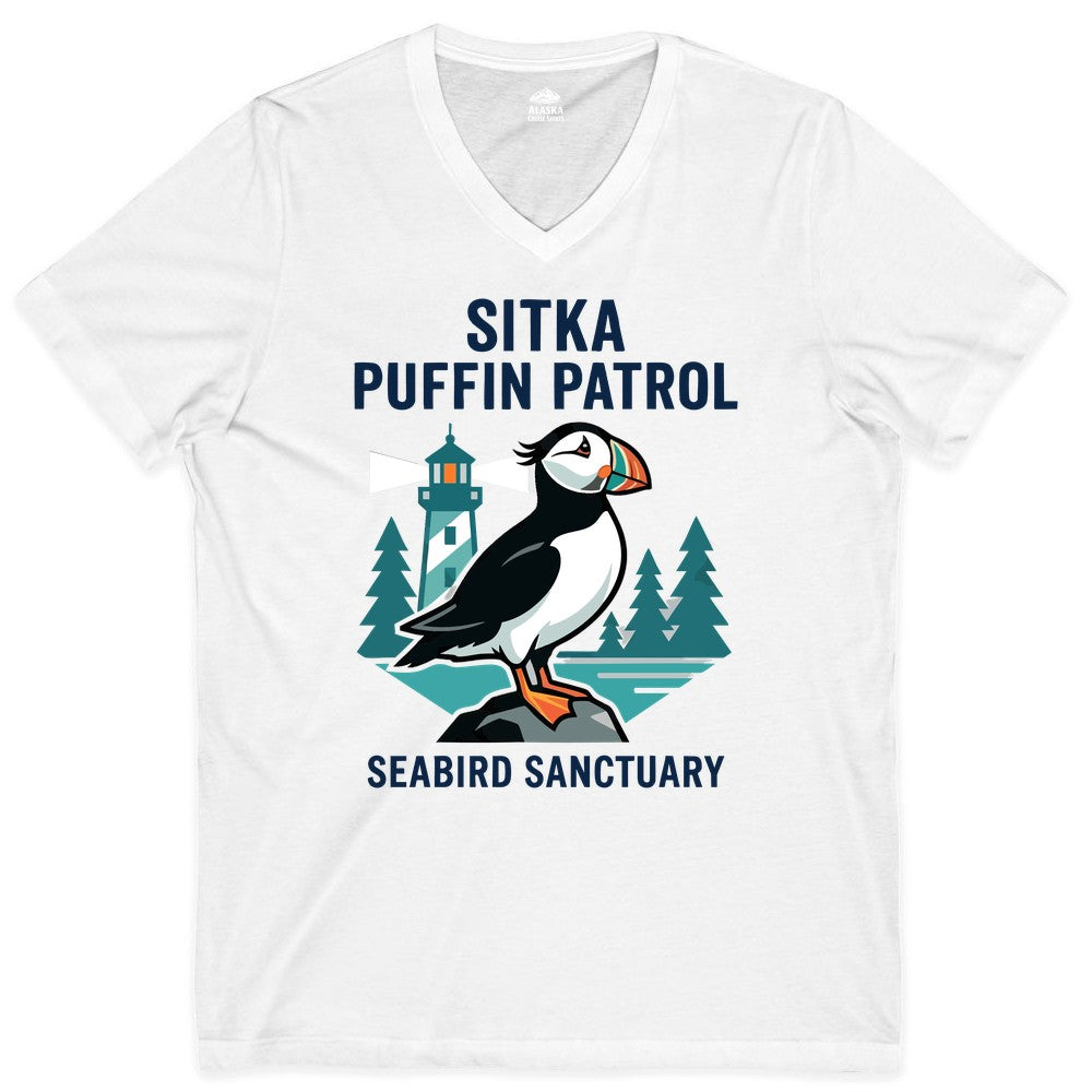 Sitka Puffin Shirt - Bird Sanctuary Tee for Alaska Wildlife Lovers (V-Neck) in White - Sitka Puffin Bird Sanctuary Shirt - Lighthouse and Forest Alaska Tee