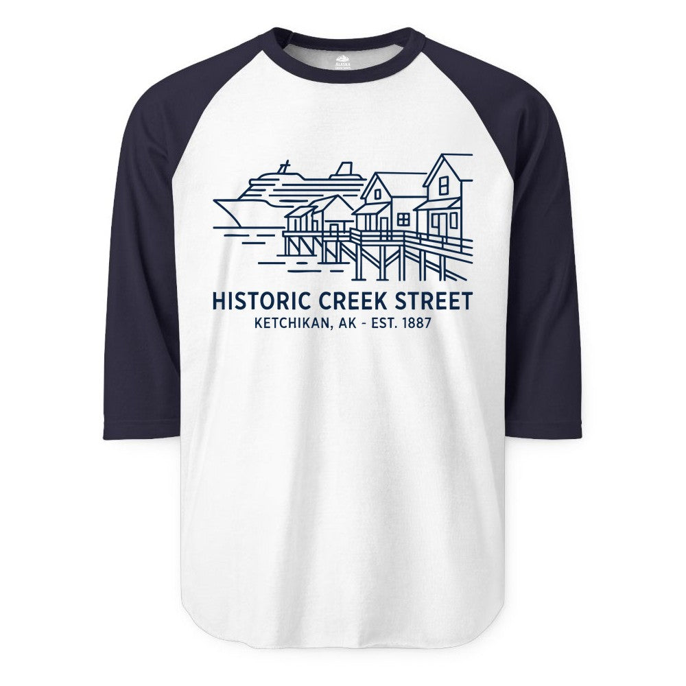 Ketchikan Creek Street Shirt - Alaska Cruise Souvenir Apparel (Raglan) in WhiteNavy - Ketchikan Creek Street Alaska Waterfront and Cruise Ship Shirt