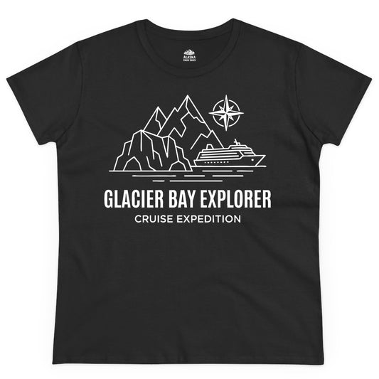 Glacier Bay cruise shirt - Alaska cruise apparel with mountains (Ladies Tee) in Black - Glacier Bay Alaska Cruise Shirt - Mountains Compass Adventure Line Art