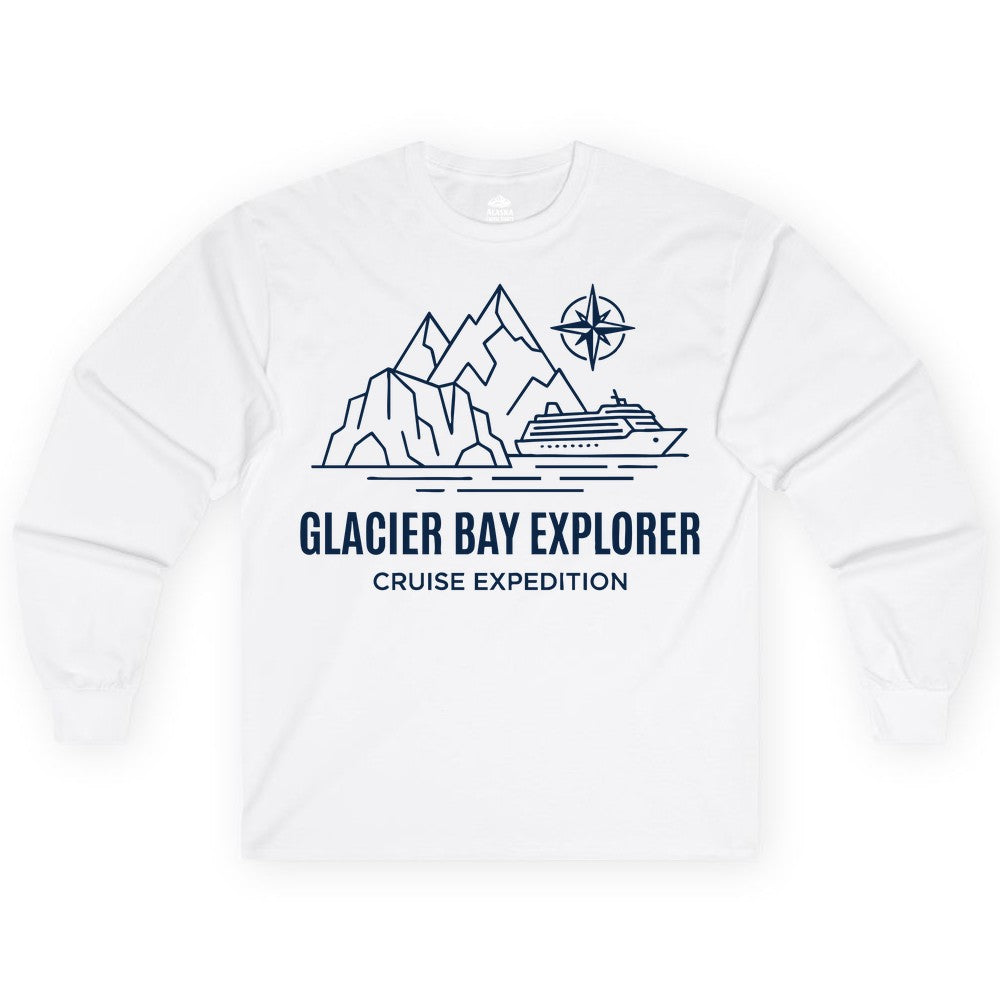 Glacier Bay cruise shirt - Alaska cruise apparel with mountains (Long Sleeve) in White - Glacier Bay Alaska Cruise Shirt - Mountains Compass Adventure Line Art