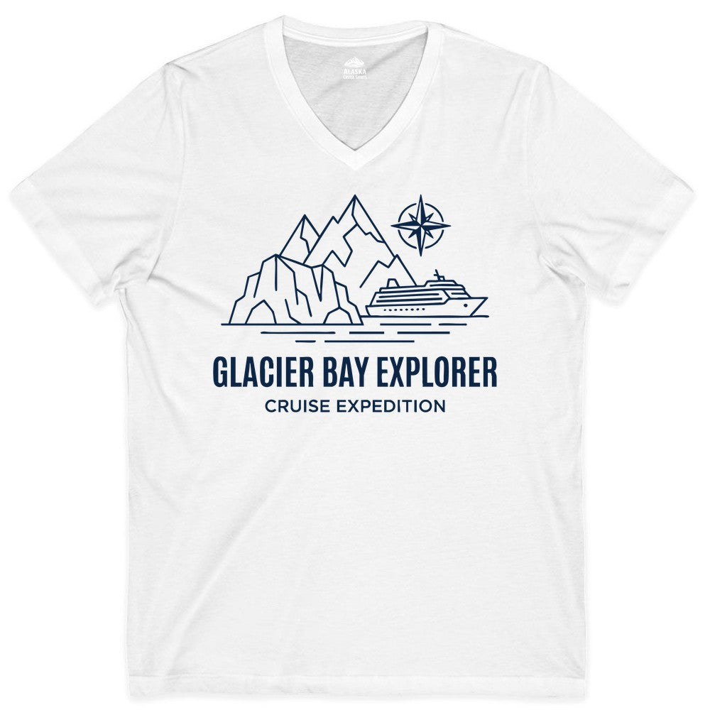 Glacier Bay cruise shirt - Alaska cruise apparel with mountains (V-Neck) in White - Glacier Bay Alaska Cruise Shirt - Mountains Compass Adventure Line Art