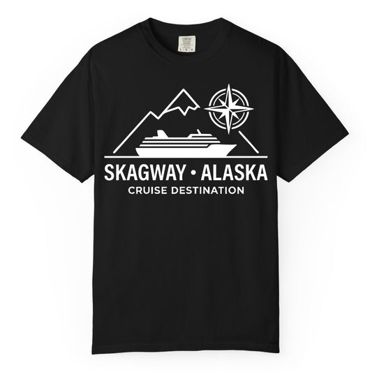 Skagway Alaska Cruise Shirt - Souvenir Apparel for Travelers (Comfort Color) in Black - Skagway Alaska Cruise Shirt - Mountains Ship Compass Line Art Tee