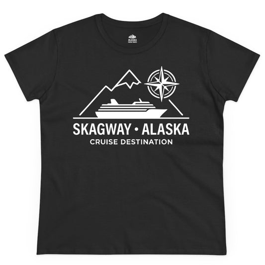 Skagway Alaska Cruise Shirt - Souvenir Apparel for Travelers (Ladies Tee) in Black - Skagway Alaska Cruise Shirt - Mountains Ship Compass Line Art Tee