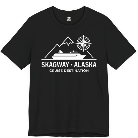 Skagway Alaska Cruise Shirt - Souvenir Apparel for Travelers (Premium Tee) in Black - Skagway Alaska Cruise Shirt - Mountains Ship Compass Line Art Tee