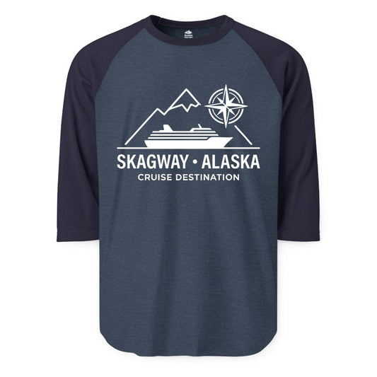 Skagway Alaska Cruise Shirt - Souvenir Apparel for Travelers (Raglan) in Heather DenimNavy - Skagway Alaska Cruise Shirt - Mountains Ship Compass Line Art Tee