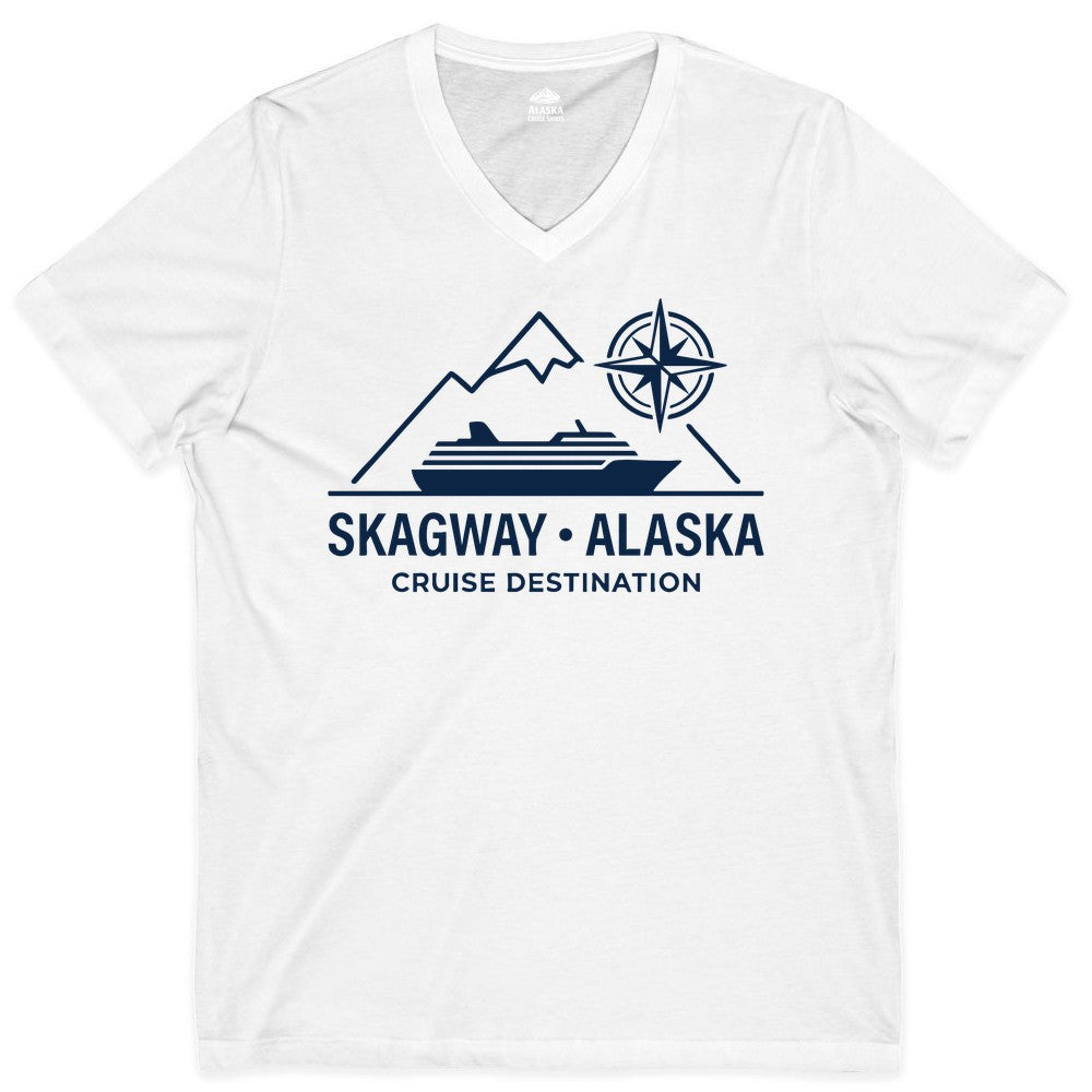 Skagway Alaska Cruise Shirt - Souvenir Apparel for Travelers (V-Neck) in White - Skagway Alaska Cruise Shirt - Mountains Ship Compass Line Art Tee