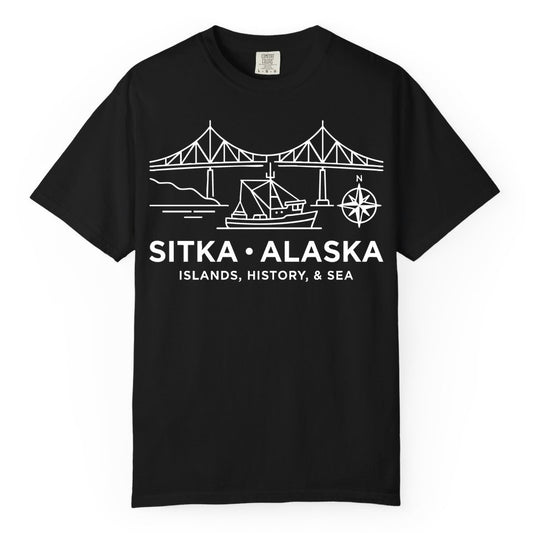 Sitka Alaska Shirt - Nautical Bridge, Boat, Compass Souvenir Tee (Comfort Color) in Black - Sitka Alaska Nautical Line Art Shirt - Bridge Boat Compass Design