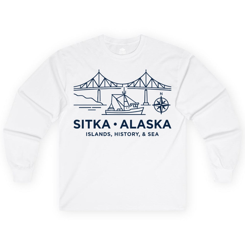 Sitka Alaska Shirt - Nautical Bridge, Boat, Compass Souvenir Tee (Long Sleeve) in White - Sitka Alaska Nautical Line Art Shirt - Bridge Boat Compass Design