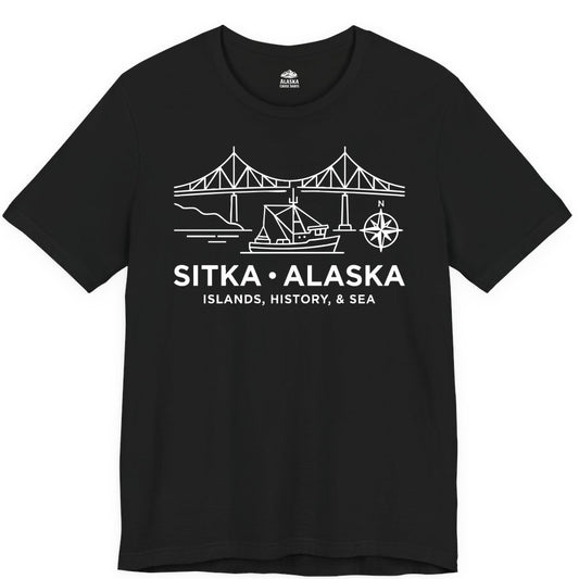Sitka Alaska Shirt - Nautical Bridge, Boat, Compass Souvenir Tee (Premium Tee) in Black - Sitka Alaska Nautical Line Art Shirt - Bridge Boat Compass Design