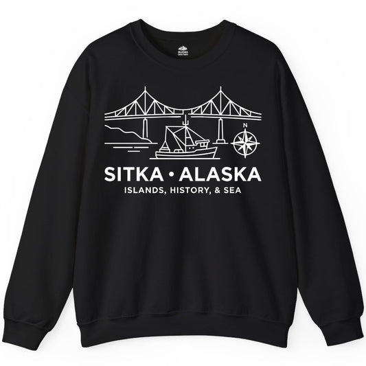 Sitka Alaska Shirt - Nautical Bridge, Boat, Compass Souvenir Tee (Sweatshirt) in Black - Sitka Alaska Nautical Line Art Shirt - Bridge Boat Compass Design
