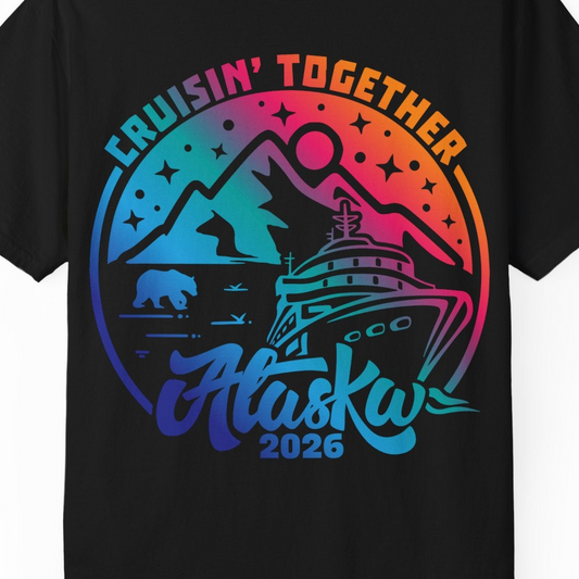 Alaska Cruise Adventure Mountains Wildlife Retro Family Group Shirt 2026 — Comfort Comfort Colors T-Shirt – Alaska Cruise Shirts Close Up