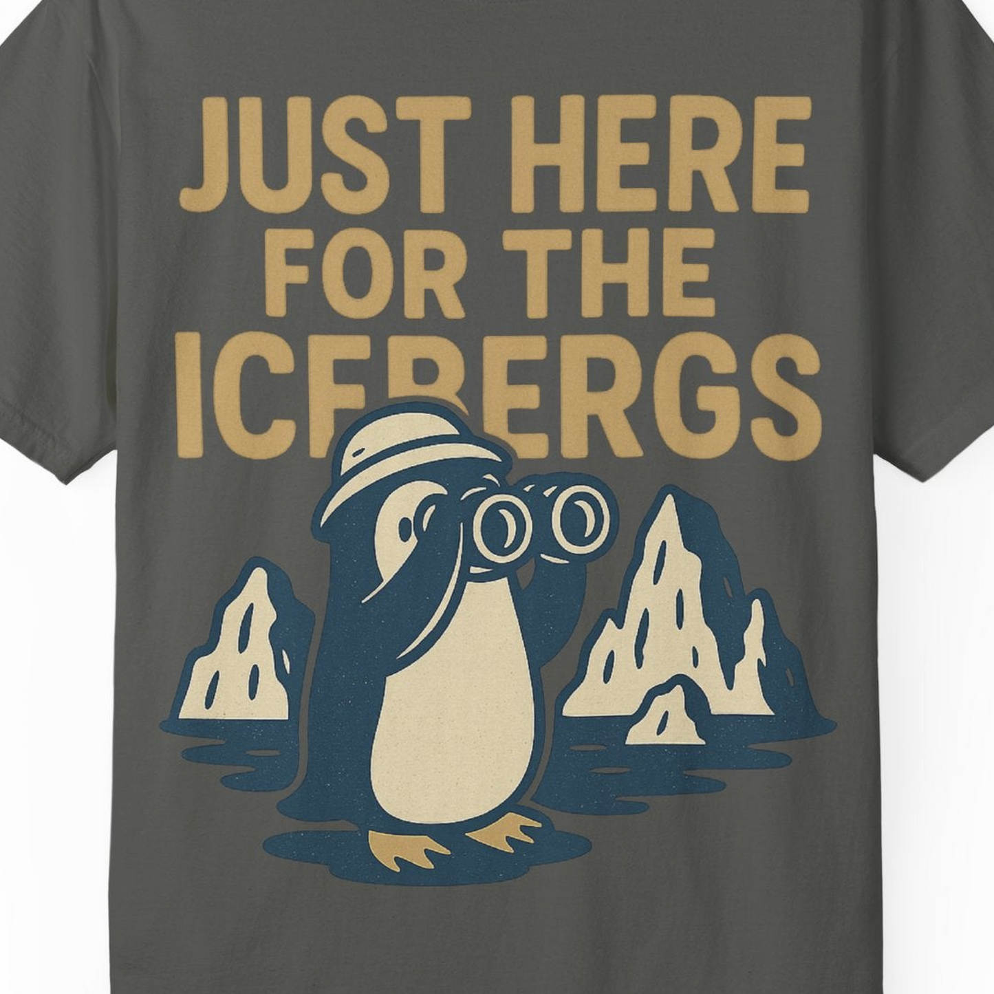 Just Here For The Icebergs Penguin Shirt Comfort Colors T-Shirt – Pepper – Alaska Cruise Shirts Close Up