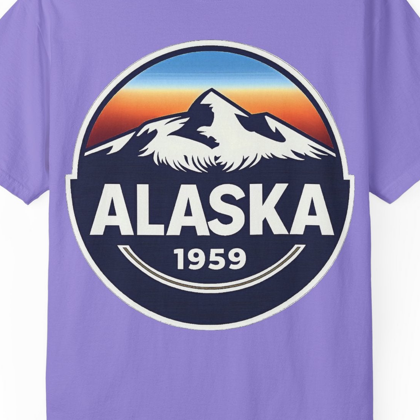 Alaska 1959 Retro Mountain Sunset Badge Shirt Vintage Statehood Tee — Comfort Comfort Colors T-Shirt – Violet – Alaska Cruise Shirts Close Up
