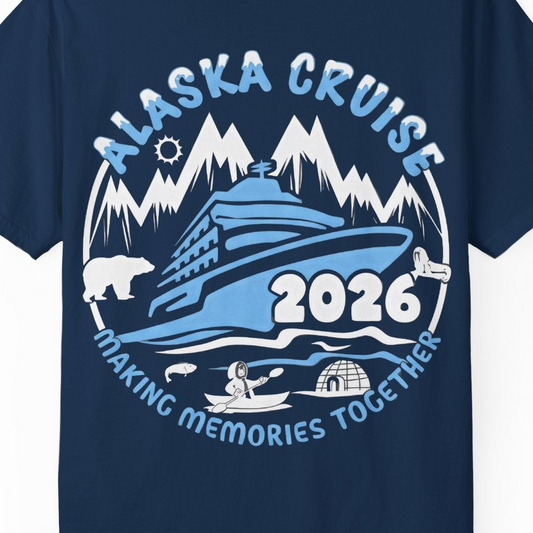 Alaska Cruise 2026 Adventure Shirt Comfort Colors T-Shirt – Navy – Alaska Cruise Shirts Close Up