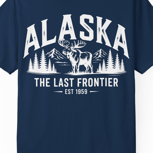 Alaska The Last Frontier Moose Mountain Wilderness Graphic Shirt — Comfort Comfort Colors T-Shirt – Navy – Alaska Cruise Shirts Close Up