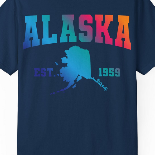 Retro Alaska Est 1959 Shirt Comfort Colors T-Shirt – Navy – Alaska Cruise Shirts Close Up