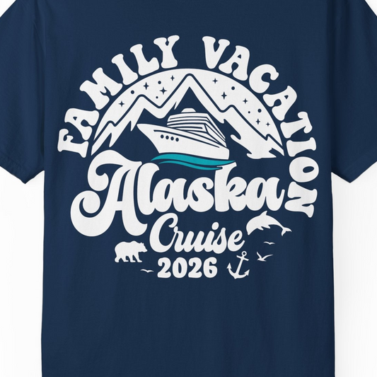 Alaska Family Cruise Shirt Comfort Colors T-Shirt – Navy – Alaska Cruise Shirts Close Up
