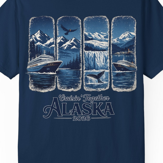 Alaska Cruise Adventure Shirt Comfort Colors T-Shirt – Navy – Alaska Cruise Shirts Close Up
