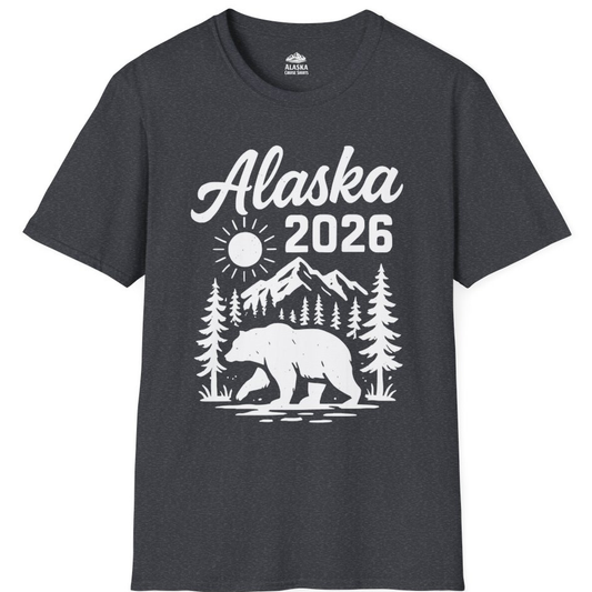 Alaska 2026 Bear and Mountains Nature Adventure Shirt – Dark Heather Grey – Alaska Cruise Shirts
