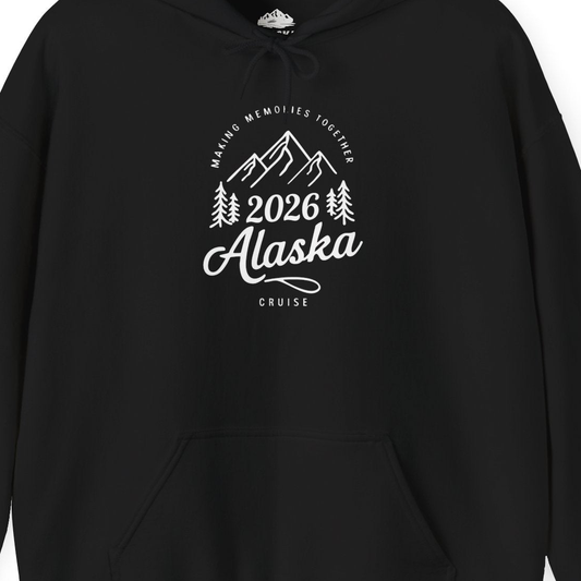 2026 Alaska Cruise Making Memories Shirt - Mountains and Pine Trees – Black – Alaska Cruise Shirts Close Up