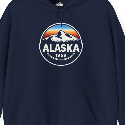 Alaska 1959 Retro Mountain Sunset Badge hoodie Vintage Statehood hoodie — Hoodie Hoodie – Alaska Cruise Shirts Close Up